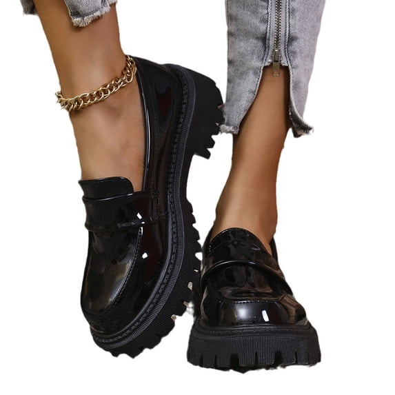 Gpaecead Women British Style Thick Sole Loafers Patent Leather Non Slip Spring Summer Versatile Heightening Shoes, Black
