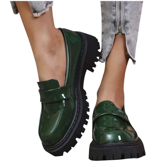 Gpaecead Women British Style Thick Sole Loafers Patent Leather Non Slip Spring Summer Versatile Heightening Shoes, Green