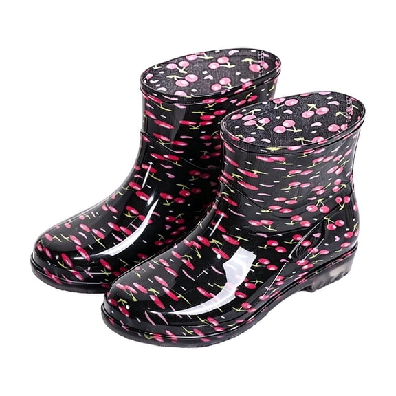 Gpaecead Women Cherry Print Short Rain Boots Waterproof Rubber Glossy Wipe Clean For Commute And Garden, A-Black