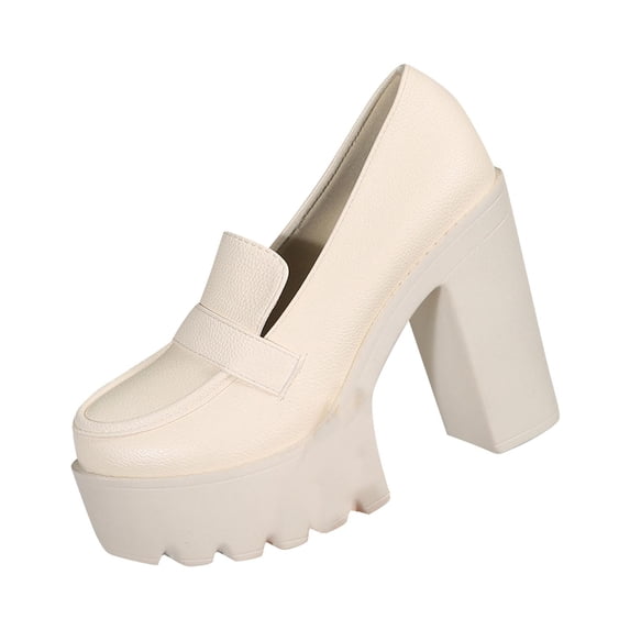 Gpaecead Women Platform Chunky Heel Shoes Round Toe Solid Color Faux Leather Summer Outdoor Non Slip Hight Heel Comfort Shoes, Beige