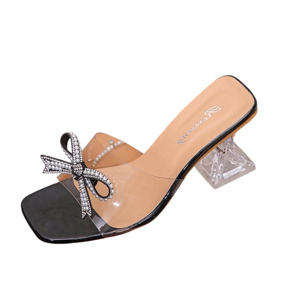 Gpaecead Women Clear Rhinestone Bow Mid Heel Mules One Strap Spring Summer Height Party Elegant Shoes,Black