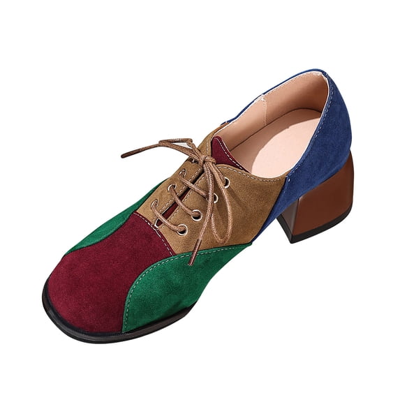 Gpaecead Women Color Blocked Lace Up Shoes Square Toe Faux Suede Vintage Chunky Heel Fall Winter Versatile Casual Shoes, Burgundy