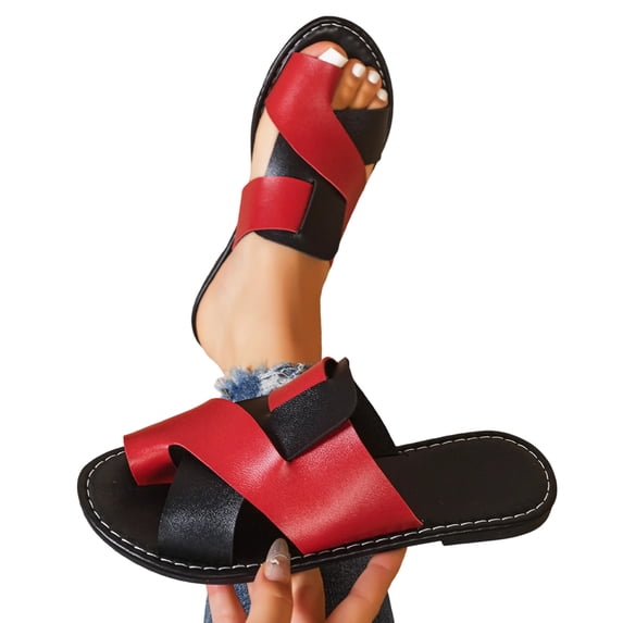 Gpaecead Women Colorblock Toe Ring Slides Crisscross Strap Cushioned Footbed Plus Size Indoor Outdoor Casual Shoes,Red