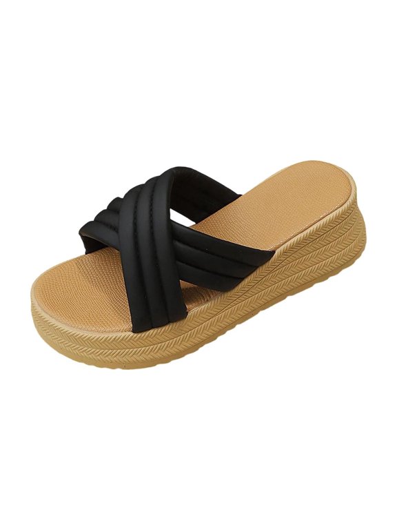 Women Cross Strap Platform Slippers Peep Toe Faux Leather Thick Bottom Soft Comfort Summer Sandals, Black