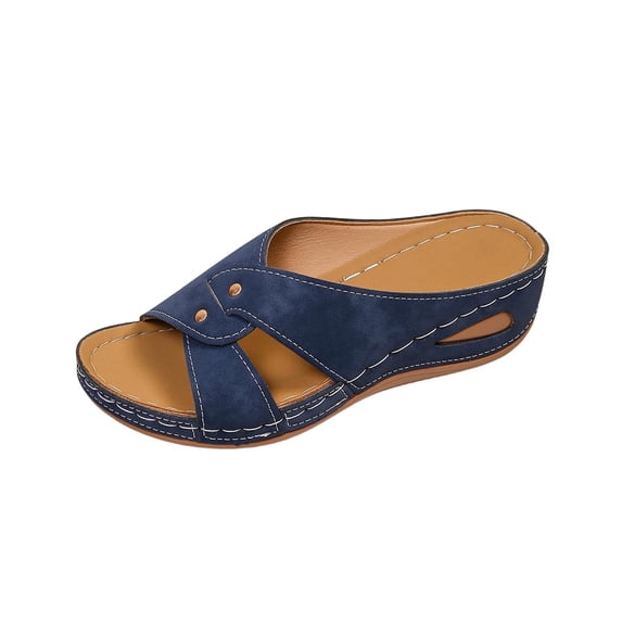 Gpaecead Women Cross Strap Wedge Slippers Faux Leather Summer Footbed Platform Beach Sandals For Walking, Blue