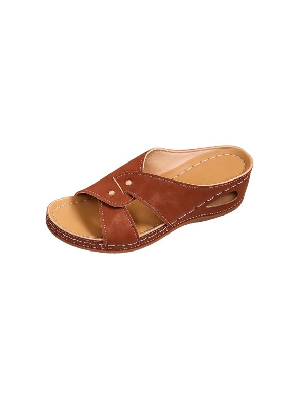 Women Cross Strap Wedge Slippers Faux Leather Summer Footbed Platform Beach Sandals For Walking, Brown
