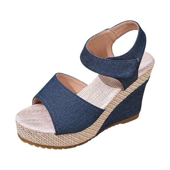 Gpaecead Women Denim Upper Wedge Sandals Open Toe Jute Thick Sole Adjustable Ankle Strap Plus Size Spring Summer Comfort Shoes,Blue