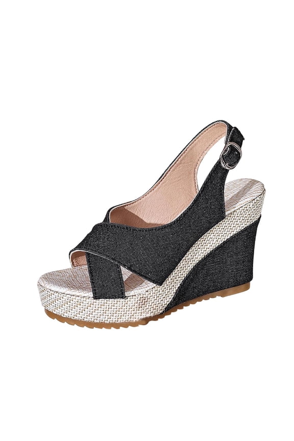 Women Denim Wedge Slingback Sandals Adjustable Ankle Buckle Espadrille Sole Plus Size Spring Summer Casual Comfort Shoes,Black