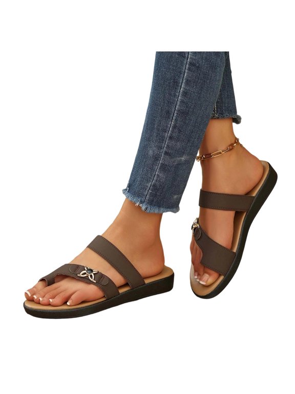 Women Double Strap Flat Toe Ring Sandals Open Toe Metal Buckle Cushioned Plus Size Shoes Spring Summer Casual Versatile,Brown