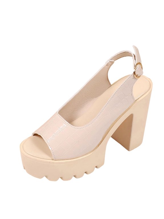 Women Embossed Chunky Heel Slingback Sandals Patent Leather Open Toe Summer Non Slip Beach Comfortable Shoes, Beige