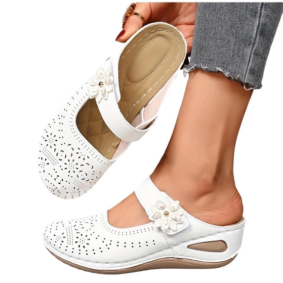 Gpaecead Women Flower Hollow Wedge Slippers Closed Toe Faux Leather Breathable Soft Sole Casual Beach Slides Summer, White
