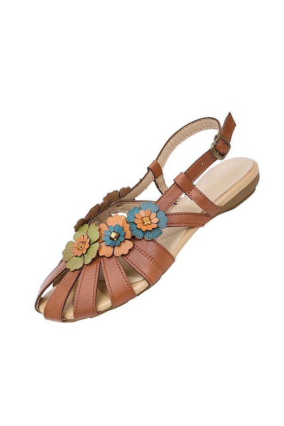 Women Flower Roman Slingback Sandals Closed Toe Handmade Floral Plus Size Shoes Spring Summer Beach Casual,Brown