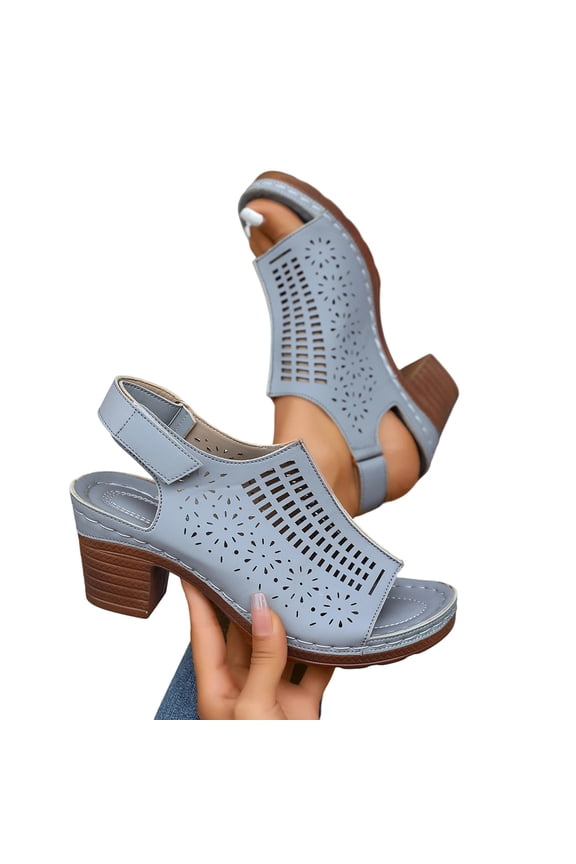 Women Hollow Out Chunky Heel Slingback Sandals Breathable Plus Size Spring Summer Height Commute Shoes,B-Gray