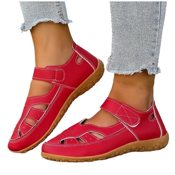 Gpaecead Women Hollow Out Flat Sandals Closed Toe Breathable Adjustable Ankle Strap Plus Size Shoes Spring Summer Casual Versatile,Red