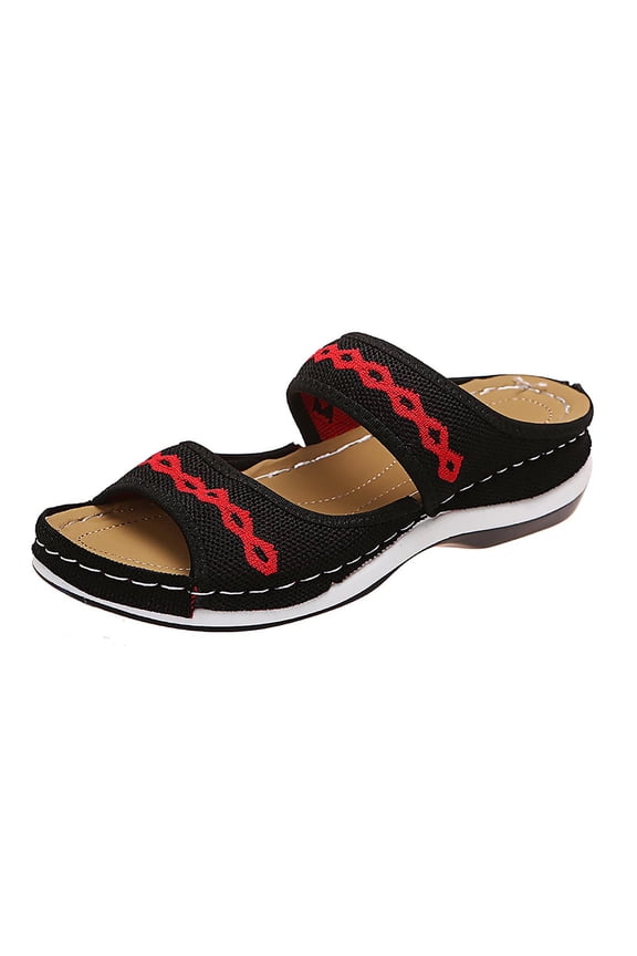 Women Knit Embroidered Wedge Slide Sandals Wide Straps Arch Support Sandals Plus Size Spring Summer Casual,Black