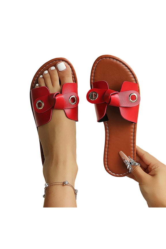Women Knotted Strap Flat Slide Sandals Metal Eyelets Cushioned Footbed Plus Size Spring Summer Casual Shoes,Red