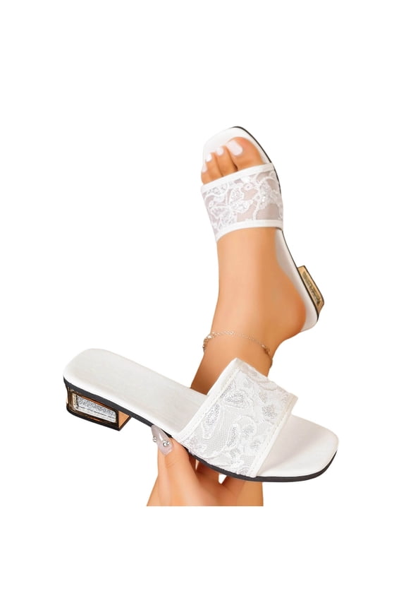 Women Lace Chunky Low Heel Slippers Square Toe Faux Leather Breathable Comfortable Sandals For Summer, White