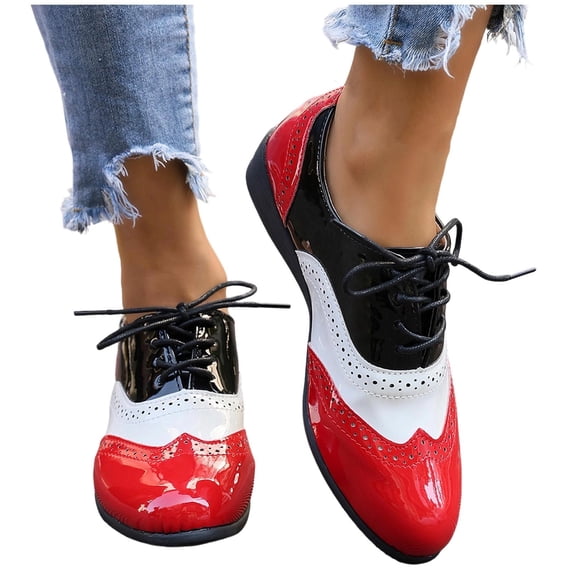 Gpaecead Women Lace Up Brogue Oxfords Patent Leather Anti Slip Sole Spring Summer Flats For Office And Campus, Red
