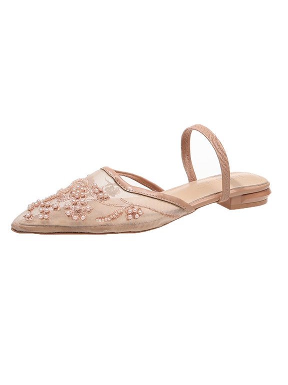 Women Mesh Embroidered Bead Flat Slippers Pointed Toe Elegant Slipon Slides Casual Summer, Khaki