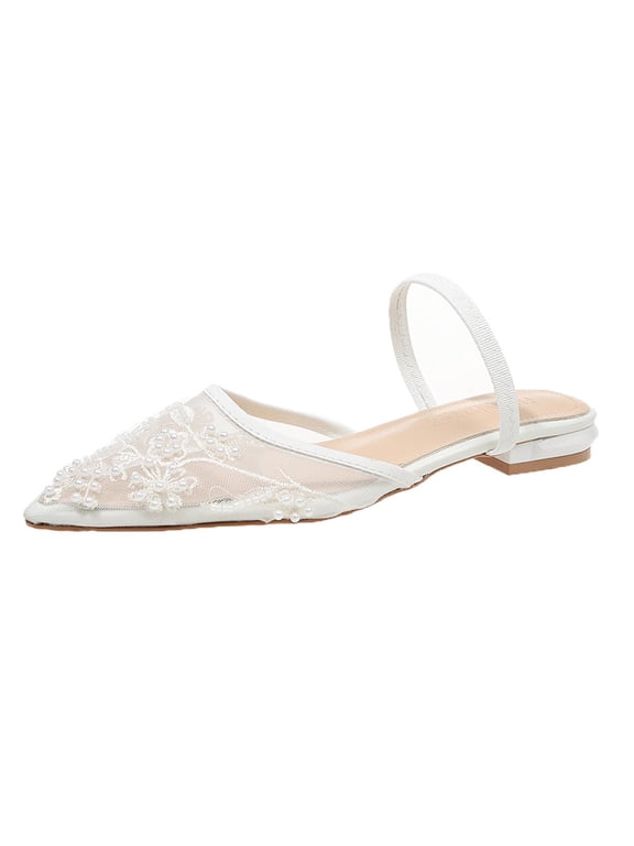 Women Mesh Embroidered Bead Flat Slippers Pointed Toe Elegant Slipon Slides Casual Summer, White
