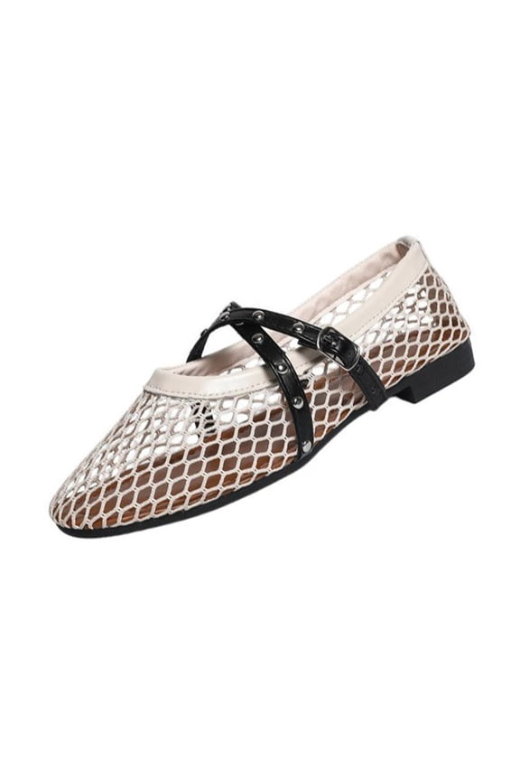 Women Mesh Mary Jane Style Flat Shoes Closed Toe Crisscross Straps Breathable Fabric Plus Size Shoes Spring Summer Casual,Beige