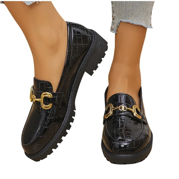Gpaecead Women Metal Buckle Embossed Loafers Spring Summer Thick Sole Versatile Heightening Faux Leather Shoes, Black