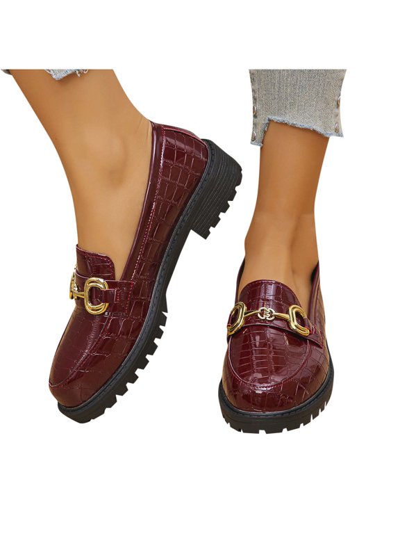 Women Metal Buckle Embossed Loafers Spring Summer Thick Sole Versatile Heightening Faux Leather Shoes, Burgundy