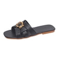 thumbnail image 1 of Gpaecead Women Metal Ornament Cross Strap Flat Slides Square Open Toe Faux Leather Breathable Beach Slippers, Black, 1 of 8