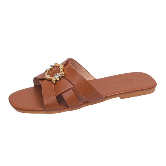 Gpaecead Women Metal Ornament Cross Strap Flat Slides Square Open Toe Faux Leather Breathable Beach Slippers, Brown