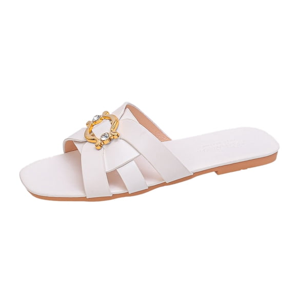 Gpaecead Women Metal Ornament Cross Strap Flat Slides Square Open Toe Faux Leather Breathable Beach Slippers, White