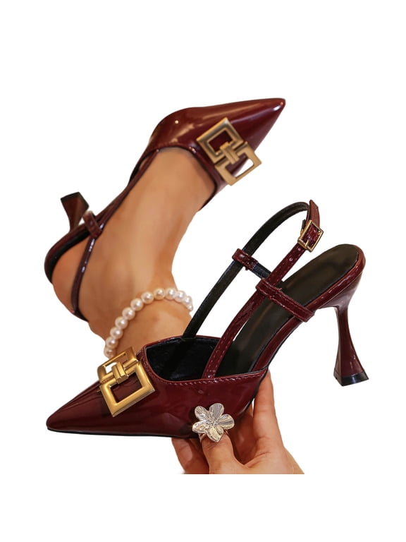 Women Metal Ornament Stiletto Slingback Sandals Pointed Closed Toe Patent Leather Plus Size Shoes Spring Summer Elegant,Burgundy