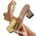 thumbnail image 1 of Gpaecead Women Metallic Ribbed Strap Chunky Heel Mules Square Toe Sparkly Plus Size Spring Summer Party Elegant Shoes,Gold, 1 of 8