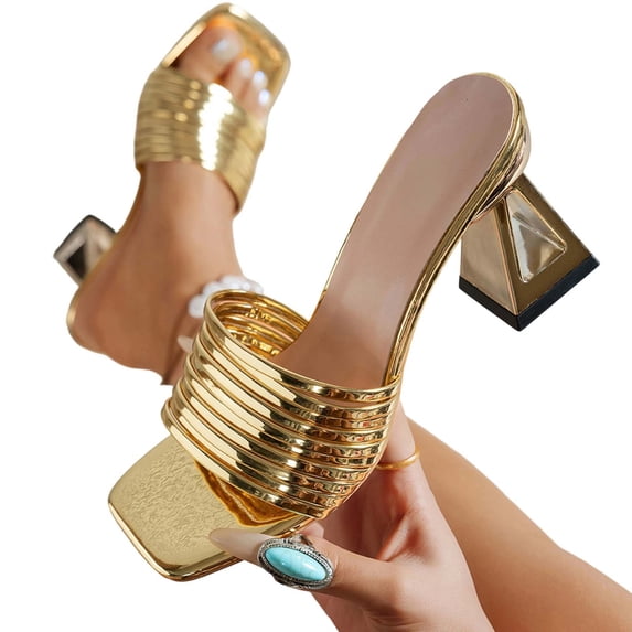 Gpaecead Women Metallic Ribbed Strap Chunky Heel Mules Square Toe Sparkly Plus Size Spring Summer Party Elegant Shoes,Gold