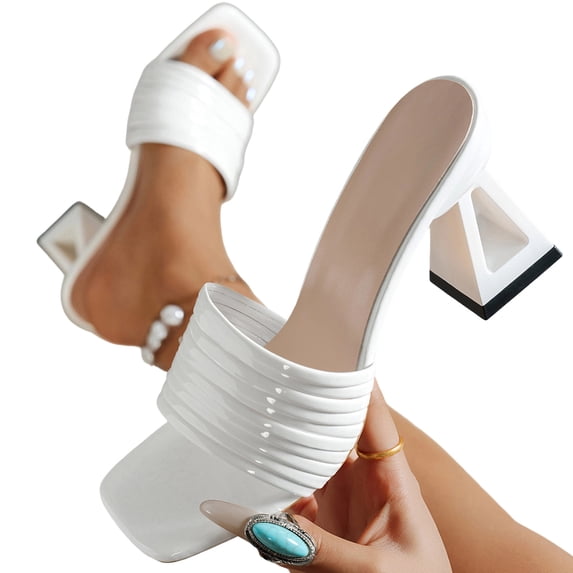 Gpaecead Women Metallic Ribbed Strap Chunky Heel Mules Square Toe Sparkly Plus Size Spring Summer Party Elegant Shoes,White