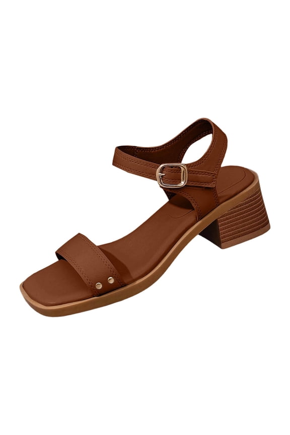 Women One Strap Chunky Heel Sandals Mid Heel Open Toe Adjustable Ankle Strap Shoes Spring Summer,Brown