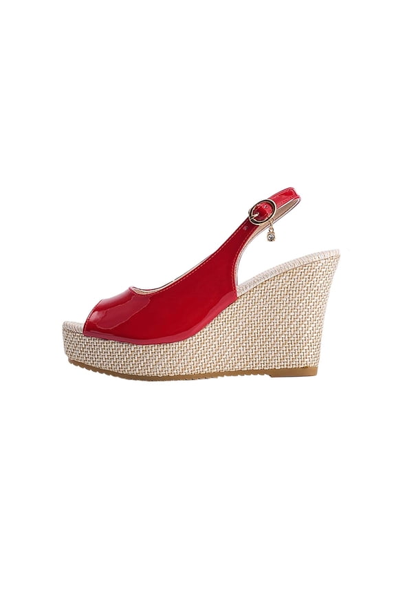 Women Open Toe Wedge Slingback Sandals Thick Sole Patent Leather Glossy Plus Size Shoes Spring Summer,Red