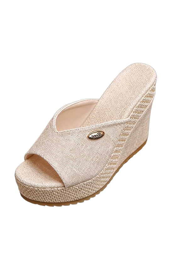 Women Platform Wedge Heel High Slippers Canvas Casual Comfortable Slide Sandals For Summer Beach Walk, Beige
