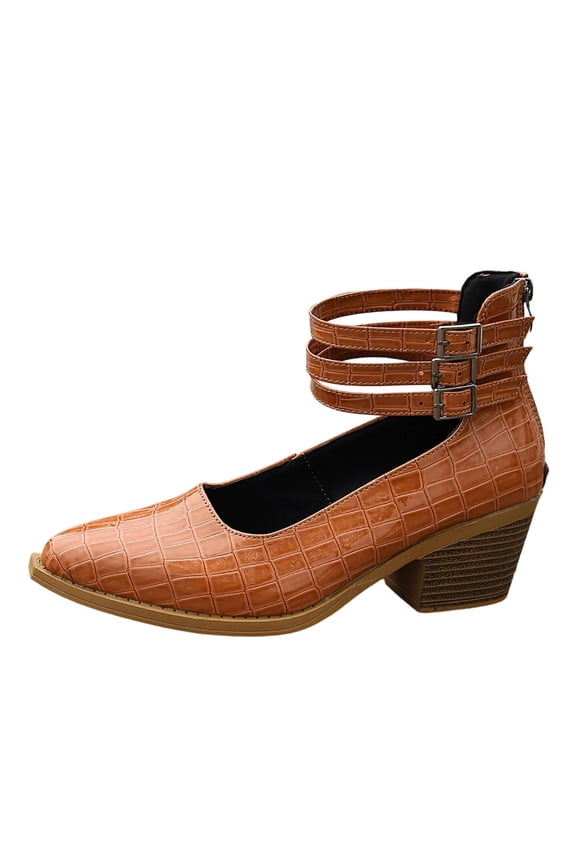 Women Pointed Toe Chunky Heel Dress Shoes Three Adjustable Straps Embossed Upper Back Zipper Spring Summer Vintage Shoes,Brown