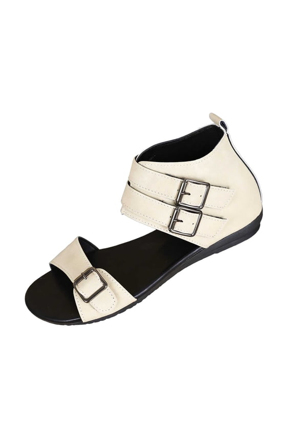 Women Retro Three Strap Flat Roman Sandals Open Toe Adjustable Buckle Straps Shoes Spring Summer Designer Casual,Beige