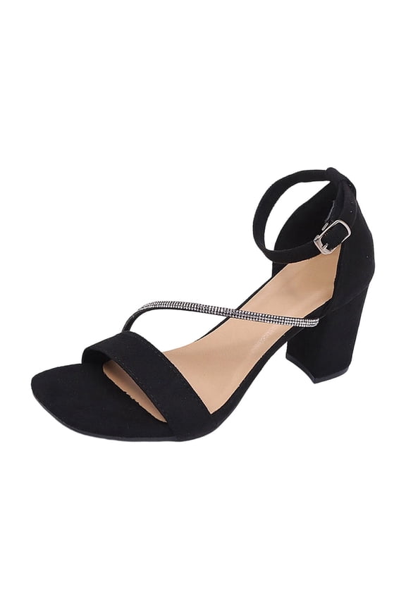 Women Rhinestone Ankle Strap Chunky Heel Sandals Round Open Toe Spring Summer Beach Party Height Black