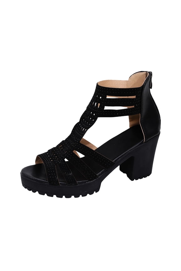 Women Rhinestone Cut Out Chunky Heel Sandals Open Toe Hidden Zipper Summer High Heel Shoes For Party And Commute, Black