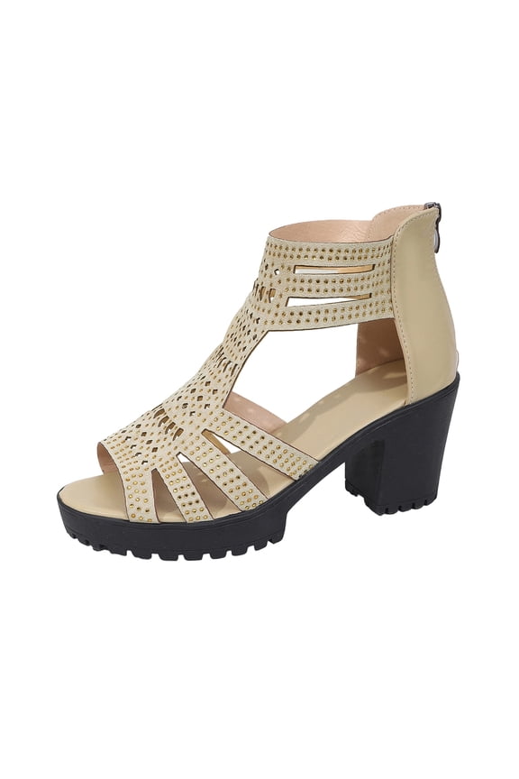 Women Rhinestone Cut Out Chunky Heel Sandals Open Toe Hidden Zipper Summer High Heel Shoes For Party And Commute, Gold