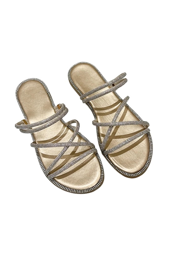 Women Rhinestone Flat Slide Sandals Roman Style Soft Non Slip Sole Plus Size Spring Summer Beach Casual Shoes,Gold