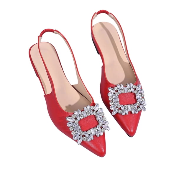 Gpaecead Women Rhinestone Pointed Toe Flat Slingback Sandals Elastic Strap Soft Sole Shoes Spring Summer Office Casual,Red