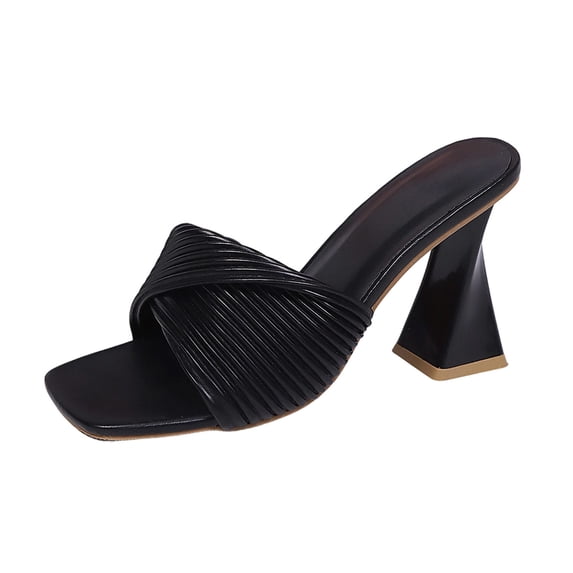 Gpaecead Women Ribbed Strap Chunky Heel Mules Square Toe Cushioned Footbed Plus Size Spring Summer Height Party Shoes,Black