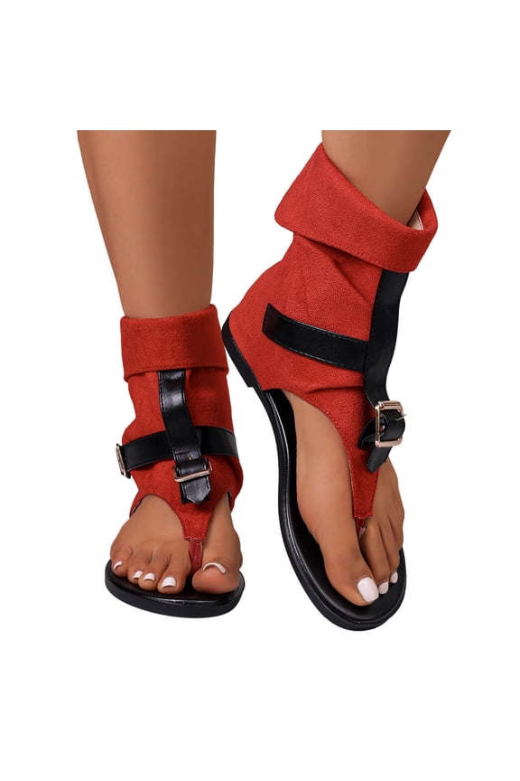 Women Round Open Toe Thong Back Zipper Bootie Style Flat Sandals Plus Size Adjustable Ankle Strap Spring Summer Fashion Comfort Red