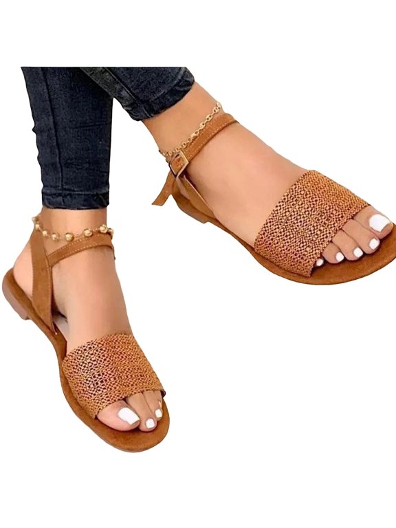 Women Open Toe Roman Flat Sandals Non Slip Comfortable Spring Summer Beach Casual Versatile,Brown