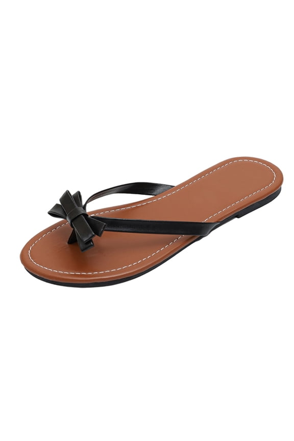 Women'S Bow Flat Flip Flops Faux Leather Soft Sole Comfortable Thong Sandals For Summer Beach, Black