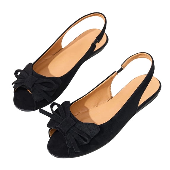 Gpaecead Women'S Bow Peep Toe Slingback Flat Sandals Soft Sole Slip On Spring Summer Indoor Outdoor Office Casual Black