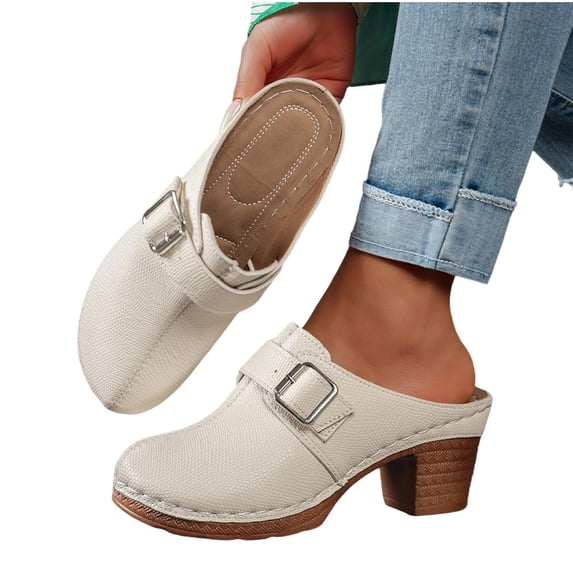 Gpaecead Women'S Buckle Chunky Heel Mules Closed Toe Solid Color Soft Faux Leather Slides With Wooden Block Heel For Daily Wear, A-Beige